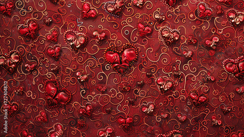 Romantic backdrop with a tapestry of small red hearts and curling ornaments