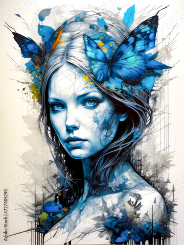 Painting of woman with blue butterflies on her head and shoulders, with white background.