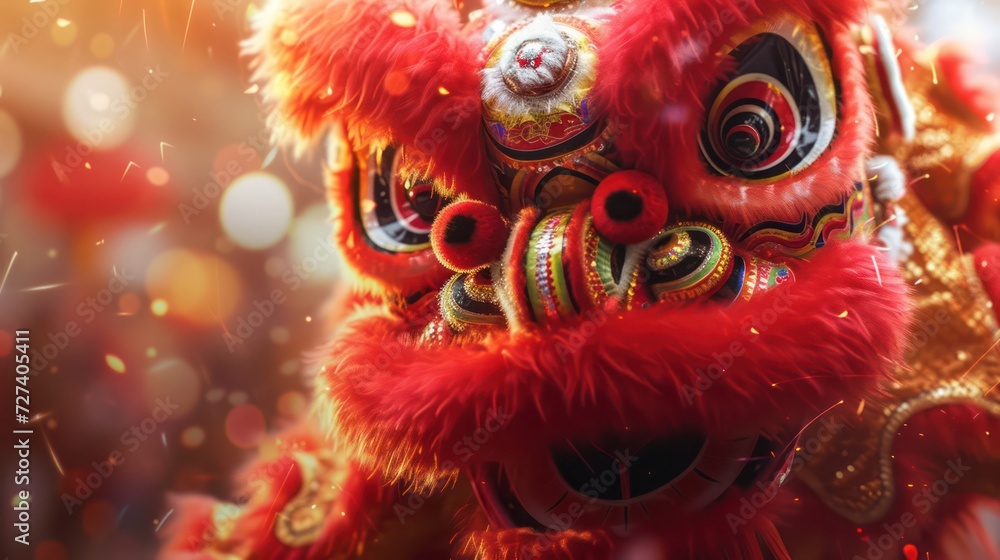 Detailed close-up of a Lion Dance performance during the Chinese Spring Festival.