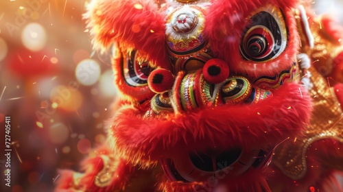 Detailed close-up of a Lion Dance performance during the Chinese Spring Festival.