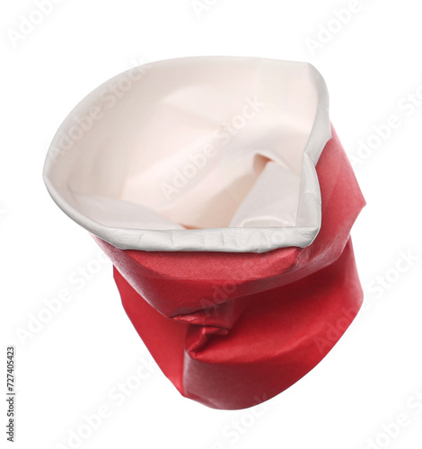 Disposable crumpled, red paper cup for throwing away and recycling isolated on white background with clipping path	