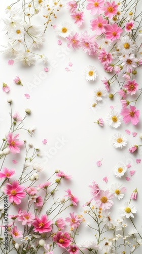 spring flowers against a pristine white background, leaving ample space for text placement at the top of the composition, while showcasing the vibrant blooms at the bottom.