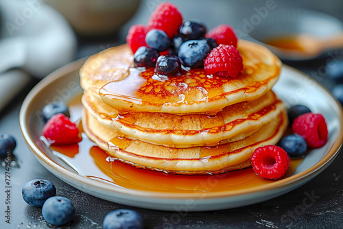 Pancakes with syrup, blueberries and raspberries on top.