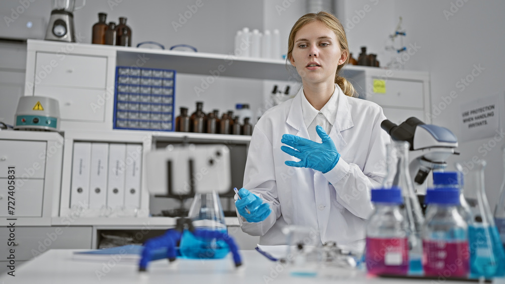 Blonde woman scientist wearing blue gloves works in a laboratory with chemical equipment.