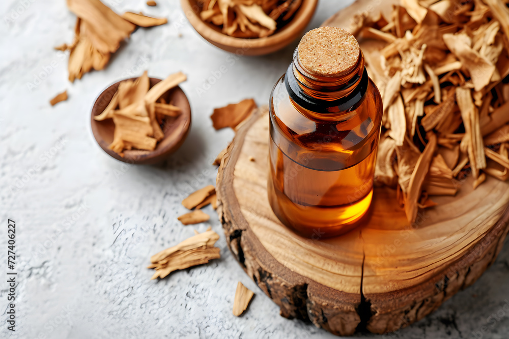Fototapeta premium Top View Fresh Sandalwood Essential Oil Care. Generative AI