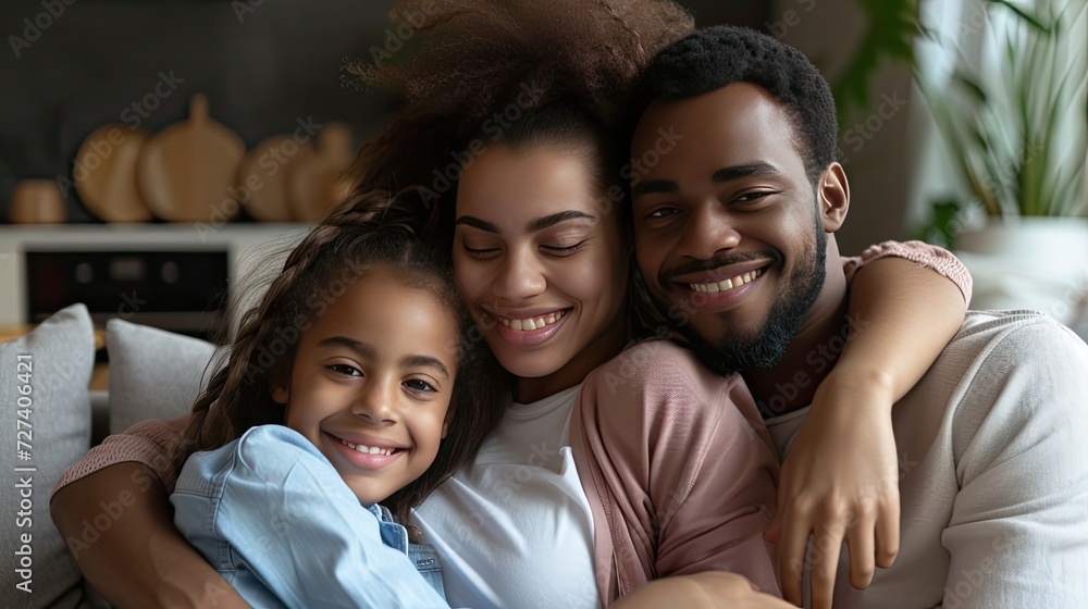 a loving young man hugs his wife and their precious daughter on the sofa. Their smiles and the warmth in their eyes create a perfect family portrait, embodying the essence of love and connection. a loving young man hugs his wife and their precious daughter on the sofa. Their smiles and the warmth in their eyes create a perfect family portrait, embodying the essence of love and connection.