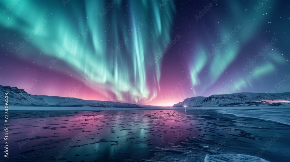 The aurora borealis painting the polar skies with vibrant hues of green and pink.