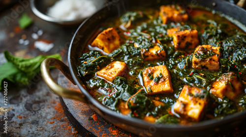 Emanating culinary authenticity, a bowl of homemade saag paneer, a North Indian dish featuring spinach and cottage cheese, is placed on the table. Generative AI photo