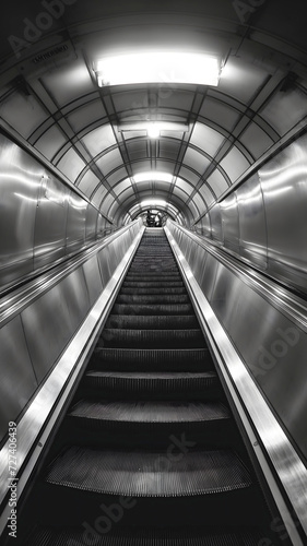 Fotografía antigua en blanco y negro de una escalera mecánica del metro de londres © VicPhoto