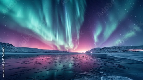 The aurora borealis painting the polar skies with vibrant hues of green and pink. © olegganko