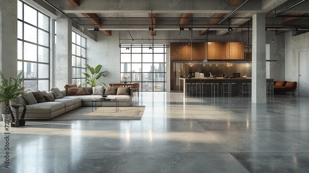 Minimalist interior of a spacious, open-concept loft, featuring ... - Exposed Concrete Loft Apartment Interior Inspiration