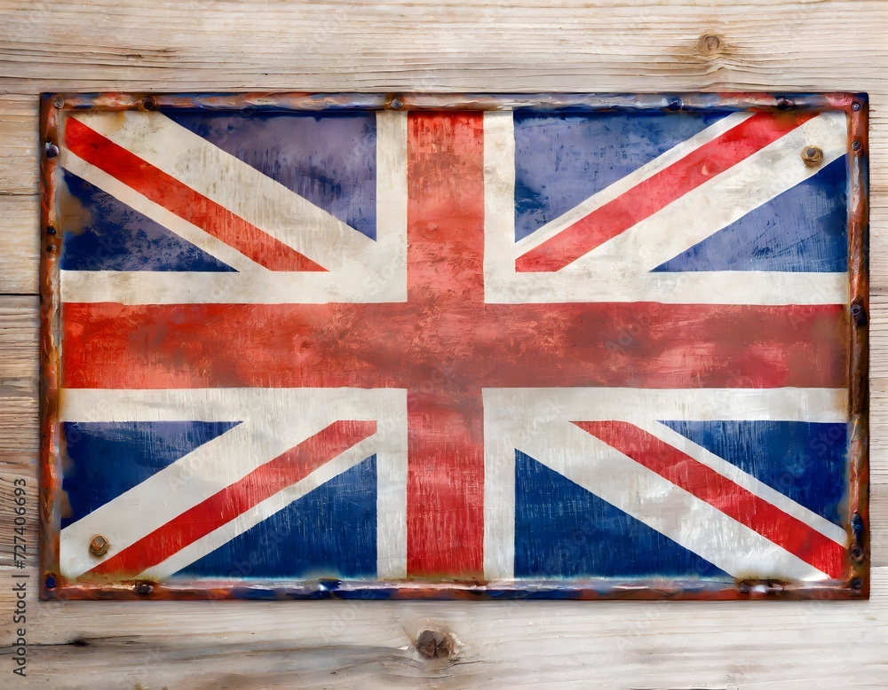 Fototapeta premium Great Britain United Kingdom National Flag painted on a old and worn metal board. Background of british flag colours. Banner header image.