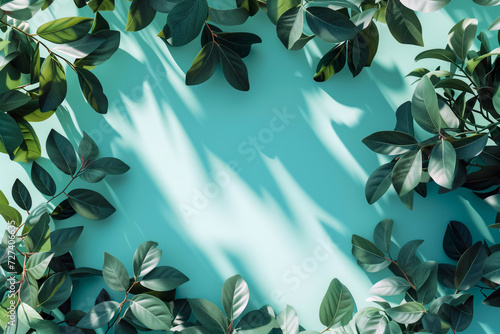 Background with green leaves and their shadows - with copy space in the center. Concept of spring mood, prioritizing our planet, awareness of sustainability and nature.