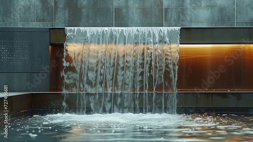 Abstract view of an urban atrium, a cascading waterfall amidst steel and conc...