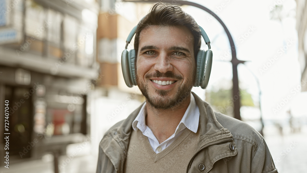 A smiling young hispanic man with a beard enjoys music on headphones while standing on a sunny urban street. A smiling young hispanic man with a beard enjoys music on headphones while standing on a sunny urban street.