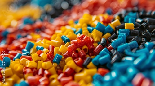 Colorful plastic pellets of uniform texture, very small and shiny. Polymer colored plastic granules of different shapes. Reuse of plastic waste in sustainable practices. photo