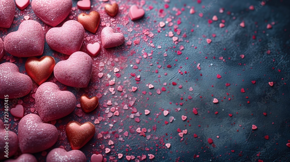 Zdjęcie przedstawia stół z wieloma różowymi i czerwonymi sercami - idealne na walentynkowy temat, miłość i romans. - obrazy, fototapety, plakaty 