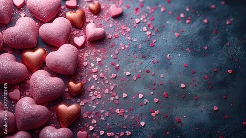 Zdjęcie przedstawia stół z wieloma różowymi i czerwonymi sercami - idealne na walentynkowy temat, miłość i romans.