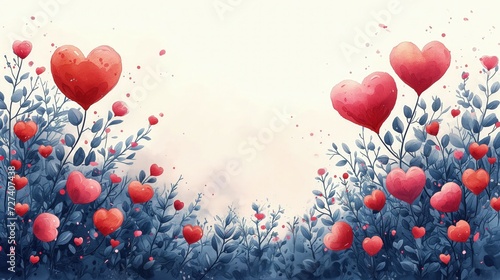 Obraz przedstawia serca które rozwinęły się na polu kwiatowym, nawiązujący do tematyki walentynkowej i miłości oraz romansu.
