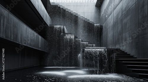 Abstract view of an urban atrium, a cascading waterfall amidst steel and conc...