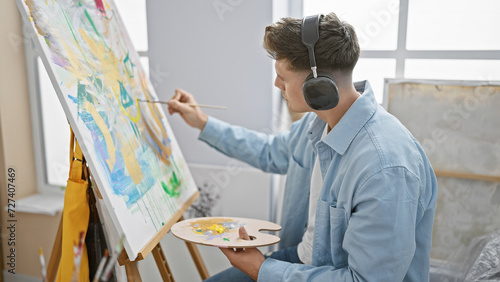 Young caucasian man artist drawing focused listening to music at art studio