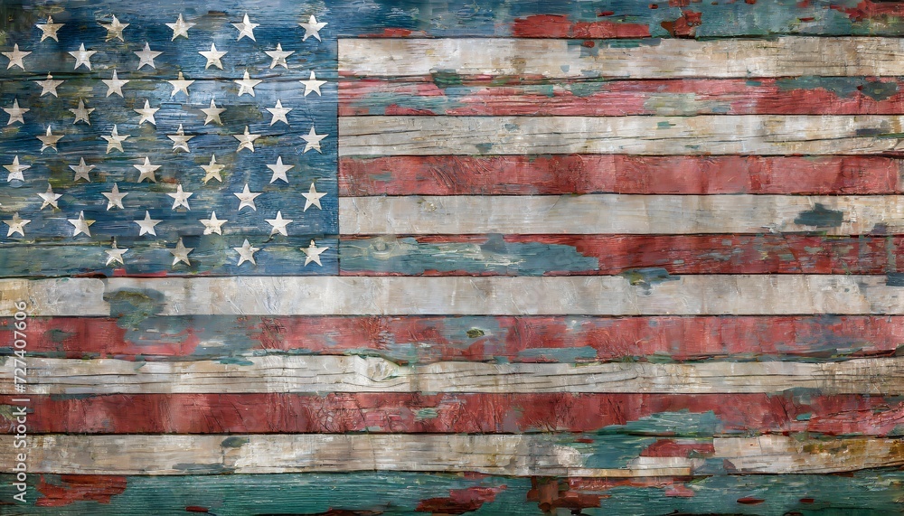 Old and worn flag of the United States of America painted on worn wooden board. American history, patriotism.