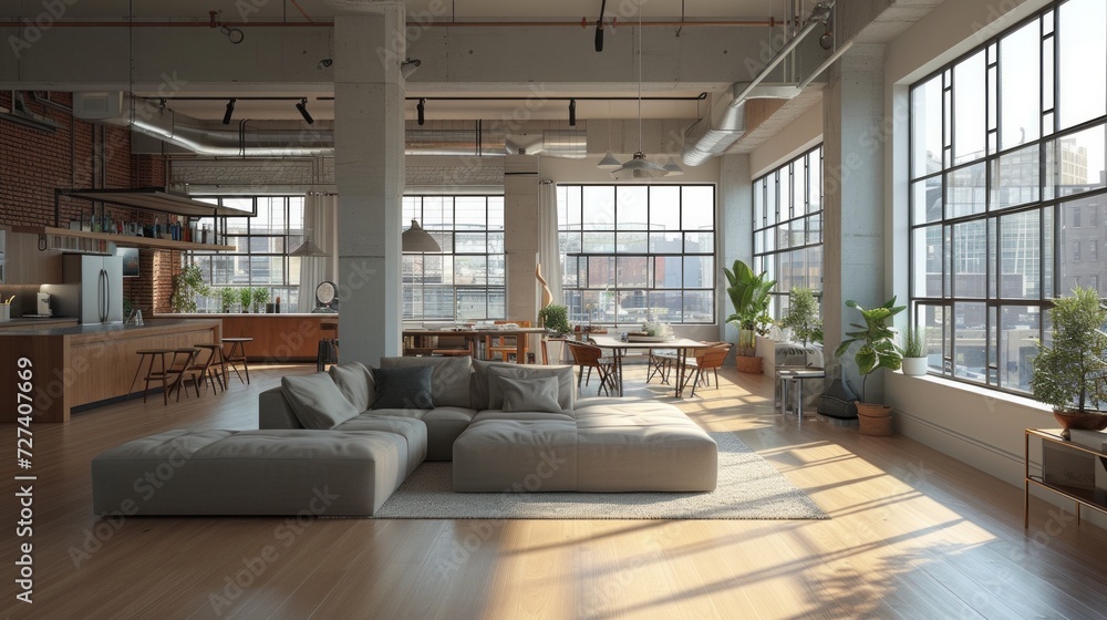 Image showcasing Minimalist interior of a spacious, open-concept loft, featuring ...