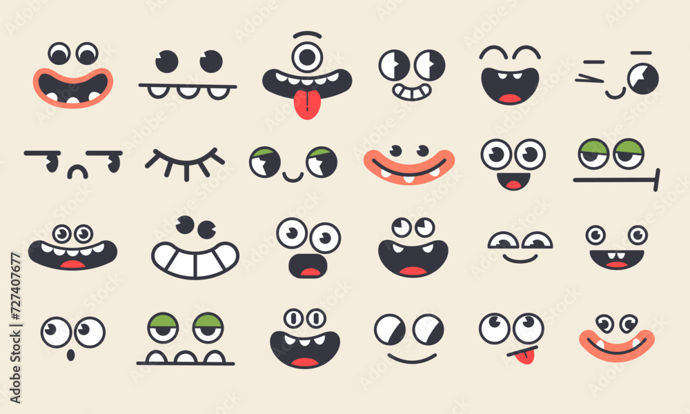 Set of funny monster faces for children's design. Flat cartoon character design. Set of funny monster faces for children's design. Flat cartoon character design.