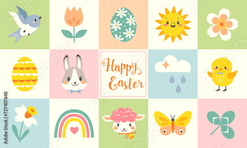 Easter design template for packaging, greeting card, flyer, poster, paper bag. Cute cartoon Easter characters on pastel colourful checkered background. Vector flat graphic design.