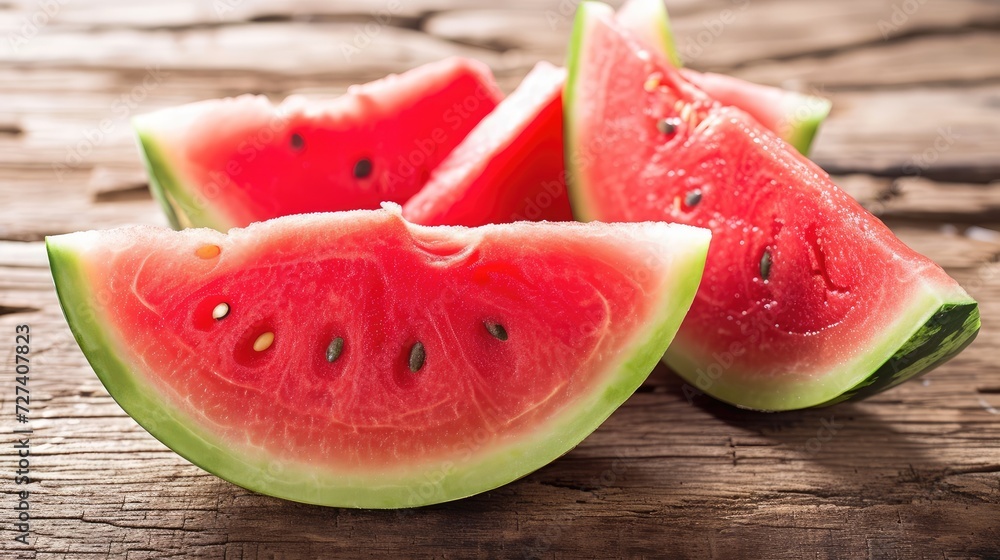 freshly sliced ripe watermelon arranged on a wooden table, its vibrant hues contrasting against the clean white background, evoking the essence of summertime indulgence and natural sweetness. freshly sliced ripe watermelon arranged on a wooden table, its vibrant hues contrasting against the clean white background, evoking the essence of summertime indulgence and natural sweetness.