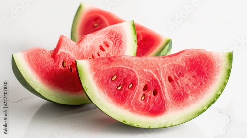 freshly sliced ripe watermelon arranged on a wooden table, its vibrant hues contrasting against the clean white background, evoking the essence of summertime indulgence and natural sweetness.
