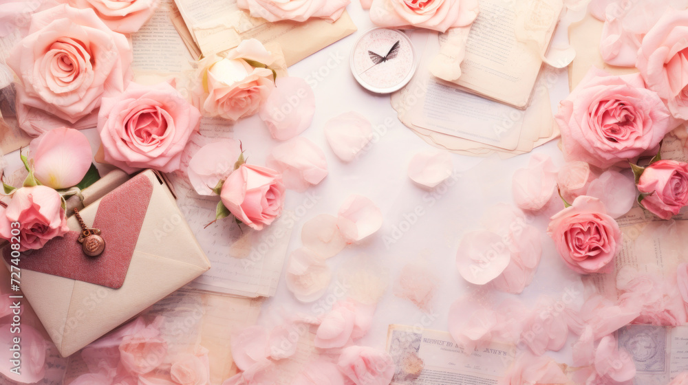 Romantic background composition with pink rose petals, on soft paper background with blossoming rose, vintage scroll and envelope. Valentine's Day. Cosmetic products. Wedding invitation Romantic background composition with pink rose petals, on soft paper background with blossoming rose, vintage scroll and envelope. Valentine's Day. Cosmetic products. Wedding invitation
