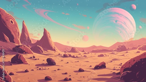 Illustration abstract space alien desert with rocks landscape on other planet. Generated AI image