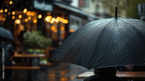 a cafe during a rainy day through a high-quality  full-frame photo of a black umbrella  creating a compelling visual narrative of shelter and comfort amidst the rain.