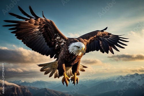 Experience the breathtaking view of a majestic eagle soaring through the sky, captured in hyper realistic detail with precision. 