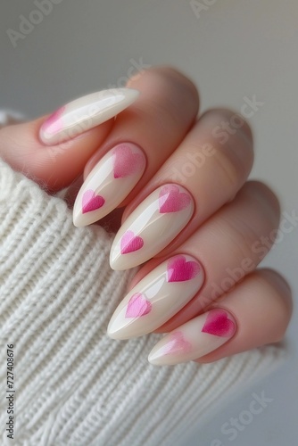Pink color nail manicure on St. Valentine s Day with hearts