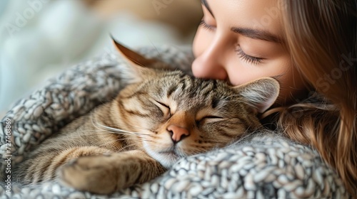 Woman Cuddling Cat With Closed Eyes