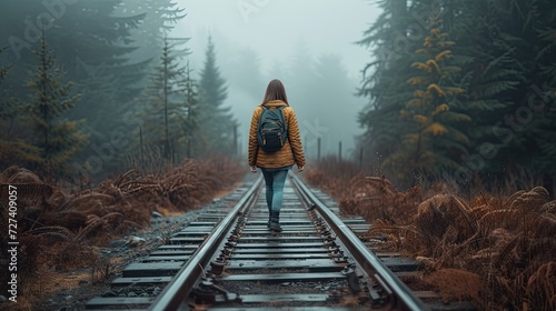 Photo a woman walking along an old railroad track, enveloped by the ethereal mist of the forest, evoking a sense of solitude and contemplation