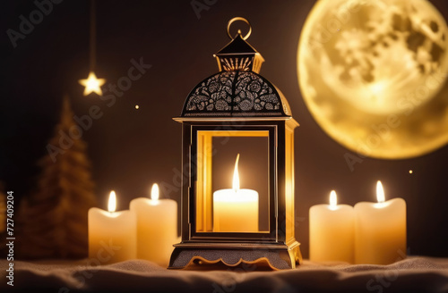 Eid al-Fitr, holy month of Ramadan, Laylat al-Qadr, Arab lantern fanus, candles, full moon, magical atmosphere, warm light, dark background