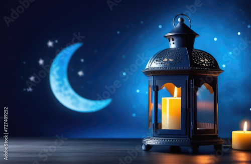 Laylat al-Qadr, Eid al-Fitr, holy month of Ramadan, Arab lantern fanus, candles, crescent moon and stars, magical atmosphere, blue background