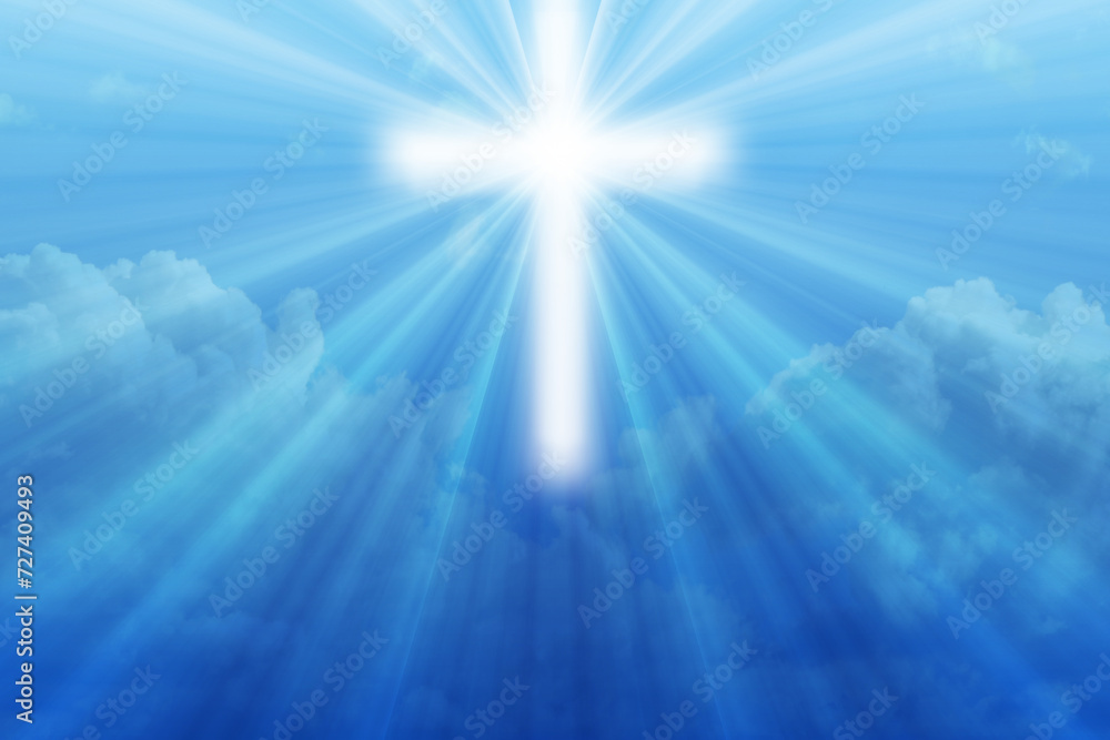 Fototapeta premium Easter illustration with a shining cross on blue sky with white clouds and lightbeam.