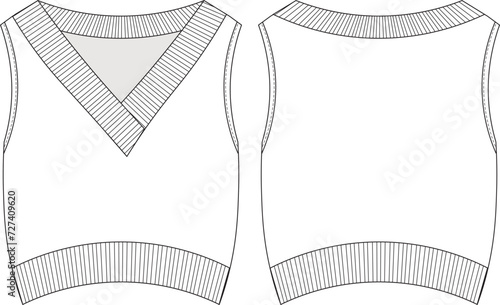 v neck ribbed loose slouchy sleeveless sweater pullover template technical drawing flat sketch cad mockup fashion woman design style model
