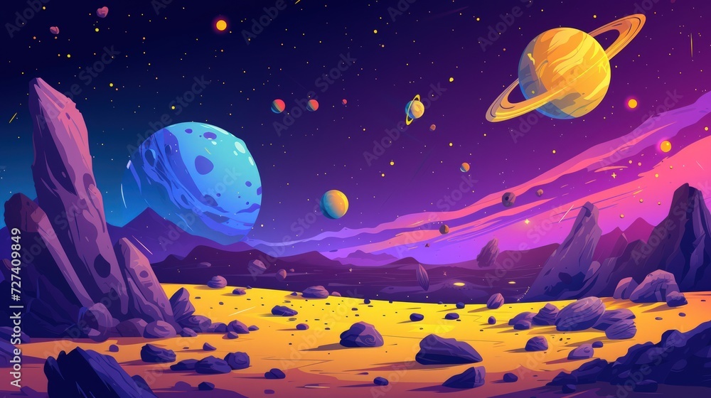 Illustration abstract outer space desert with rocks and yellow crater. Generated AI image