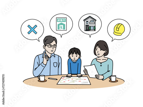 避難場所について話し合う家族のイラスト