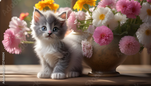 Adorable Fluffy Gray Kitten Standing Beside a Vase of Pink Flowers Indoors © PLATİNUM