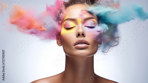 Vibrant cosmetic powder explosion around a serene woman's face