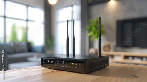 New black Wi-Fi router on wooden table indoors photo