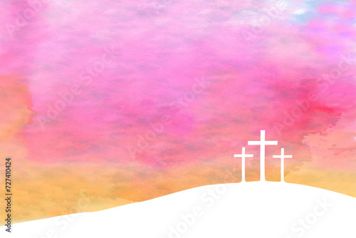 Easter illustration with three white crosses on hill and colourful sky in watercolor painting style.