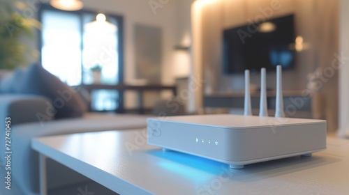 New white Wi-Fi router on wooden table indoors photo