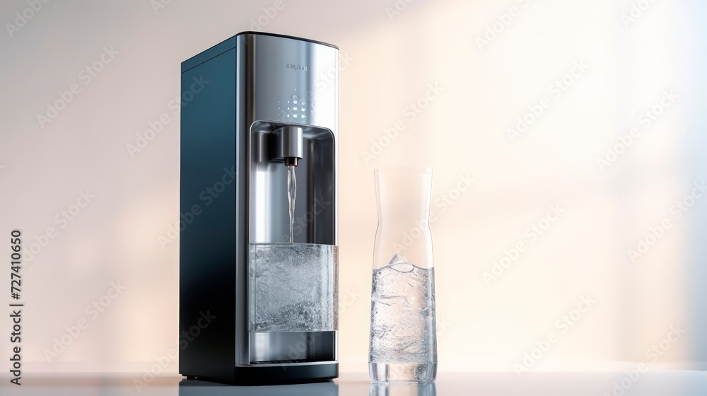 Office water cooler with glass of water. Isolated on white background. Concept of workplace hydration, modern office, water dispenser, employee wellness. Copy space Office water cooler with glass of water. Isolated on white background. Concept of workplace hydration, modern office, water dispenser, employee wellness. Copy space